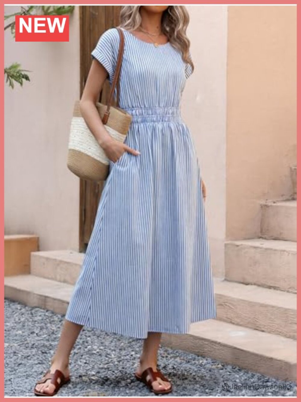 Casual Midi Dress with Pockets Short Sleeve Crewneck Elastic Waist Flowy Beach - Picture 3 of 6